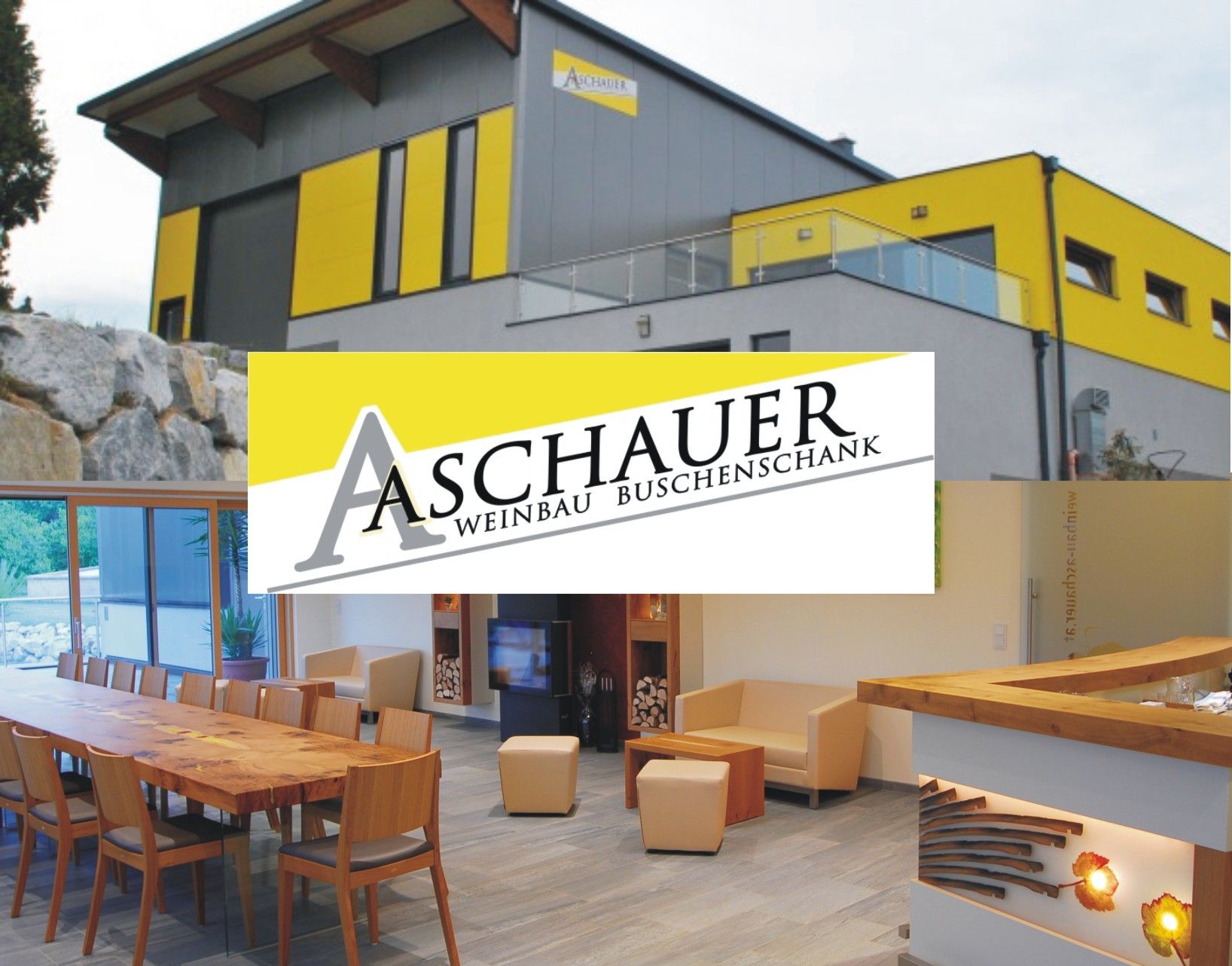 Modern building with yellow and gray facades, interior view of a stylish room with wooden furniture, logo of Aschauer Weinbau Buschenkschank.