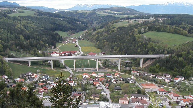 Panoramic view of the village of Warth with bridge and surrounding hills.