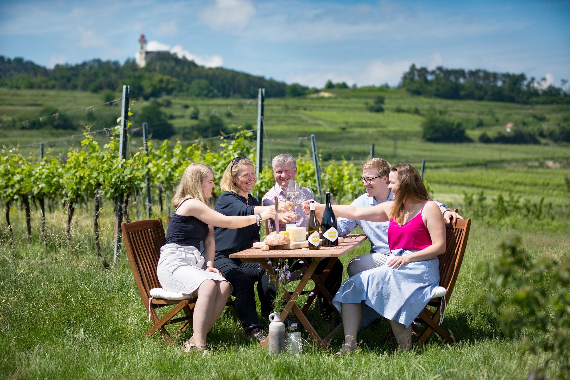 Group of people clinking glasses at a table in the vineyard.