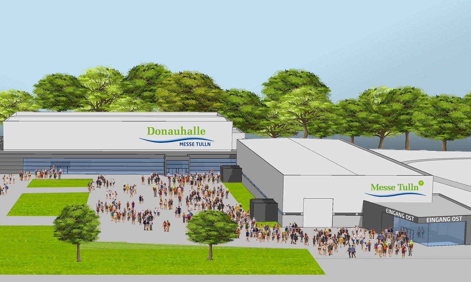 Illustration of the new Danube Hall at Messe Tulln with many people in front of it.