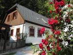A white house with a brown roof and red roses in the foreground.