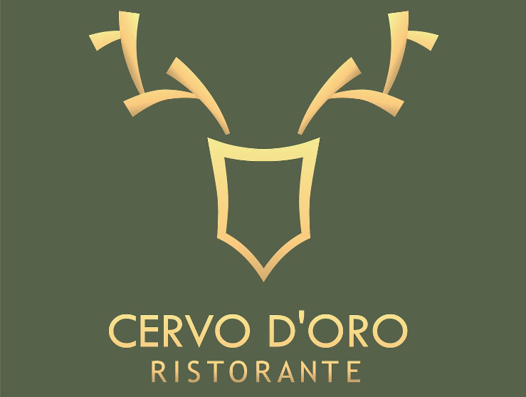 Cervo D'oro restaurant logo with golden deer antlers and lettering on a green background.