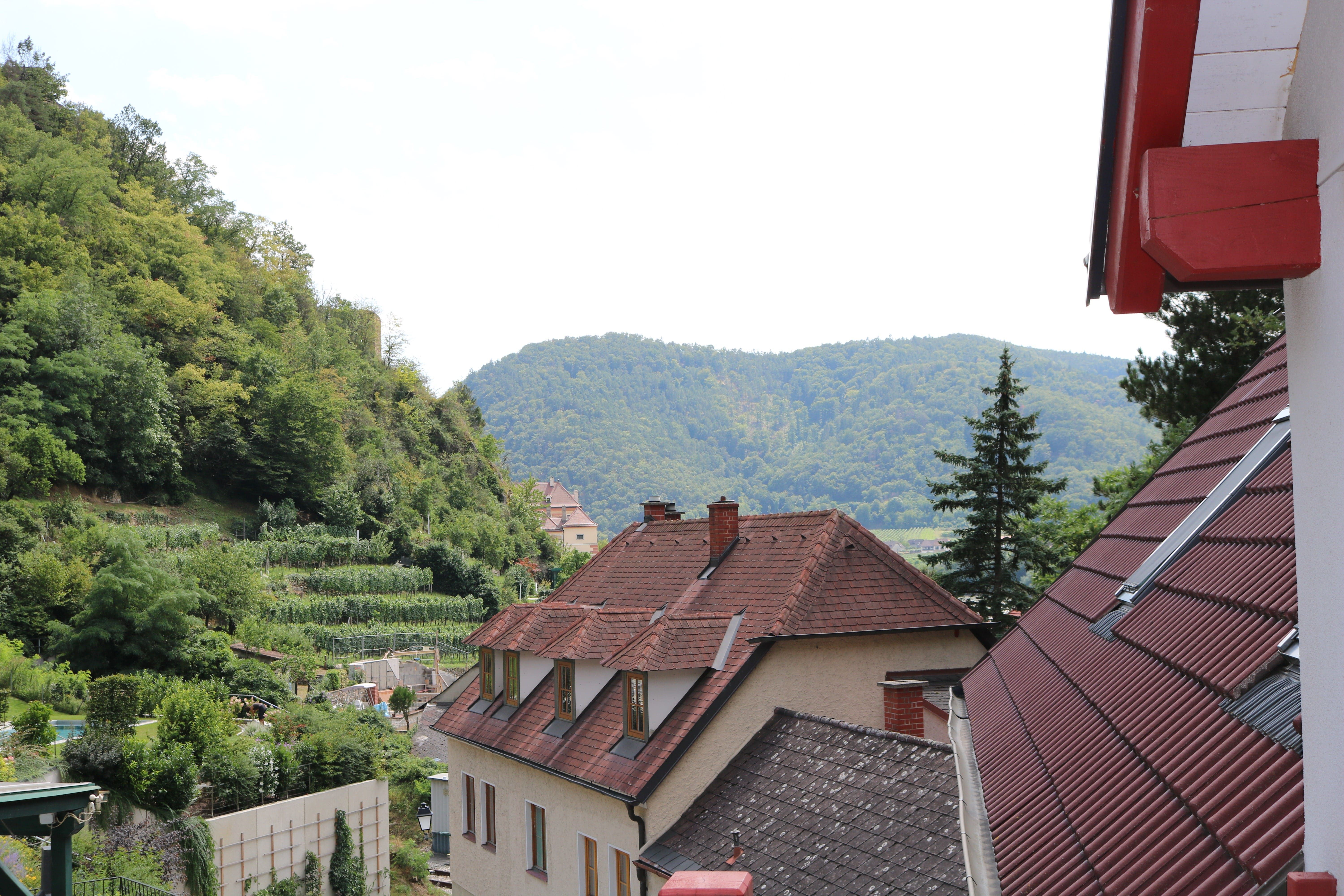 View of a village with red roofs and green hills in the background.