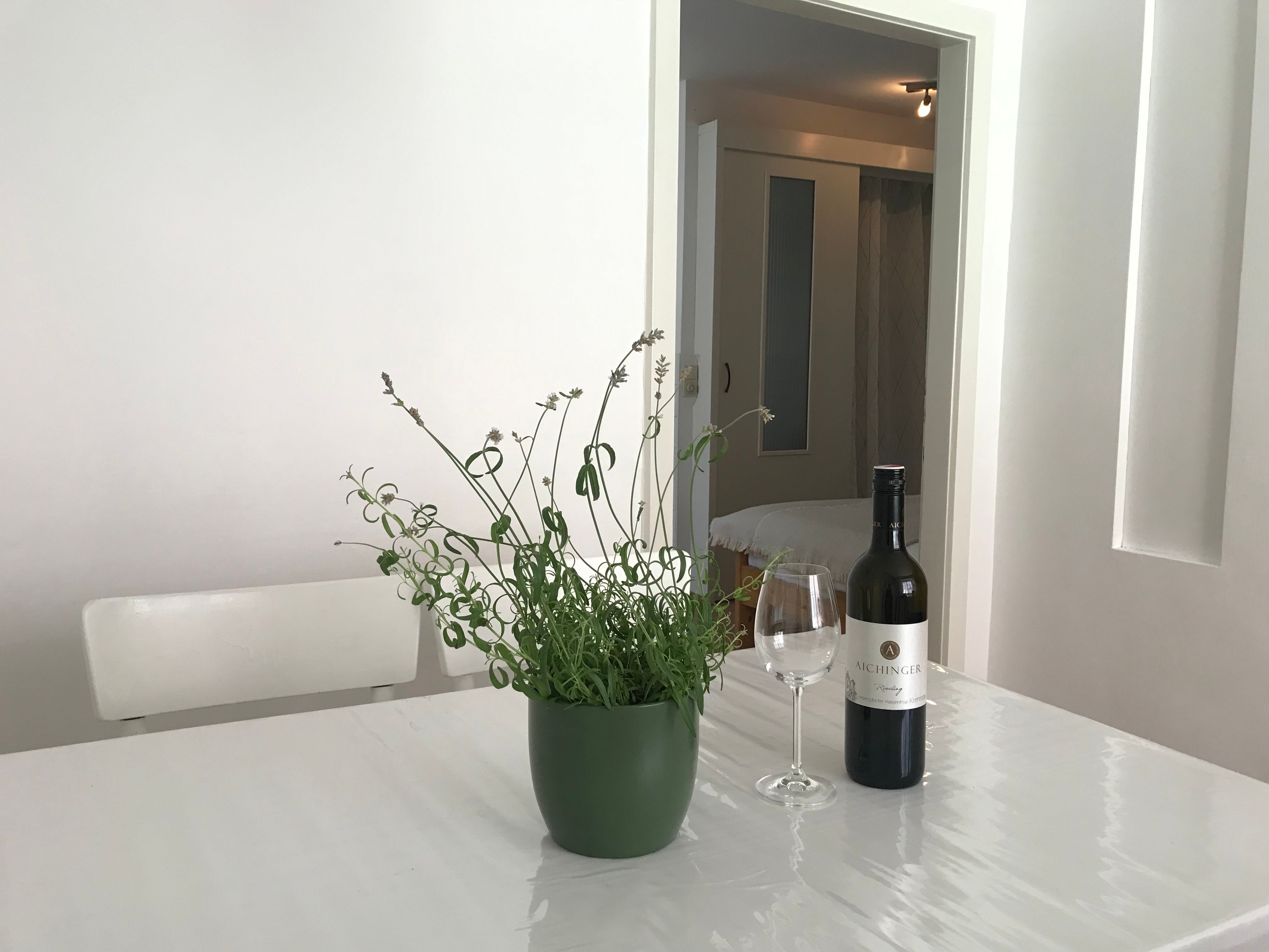 A table with a wine bottle, a wine glass and a plant in a room.