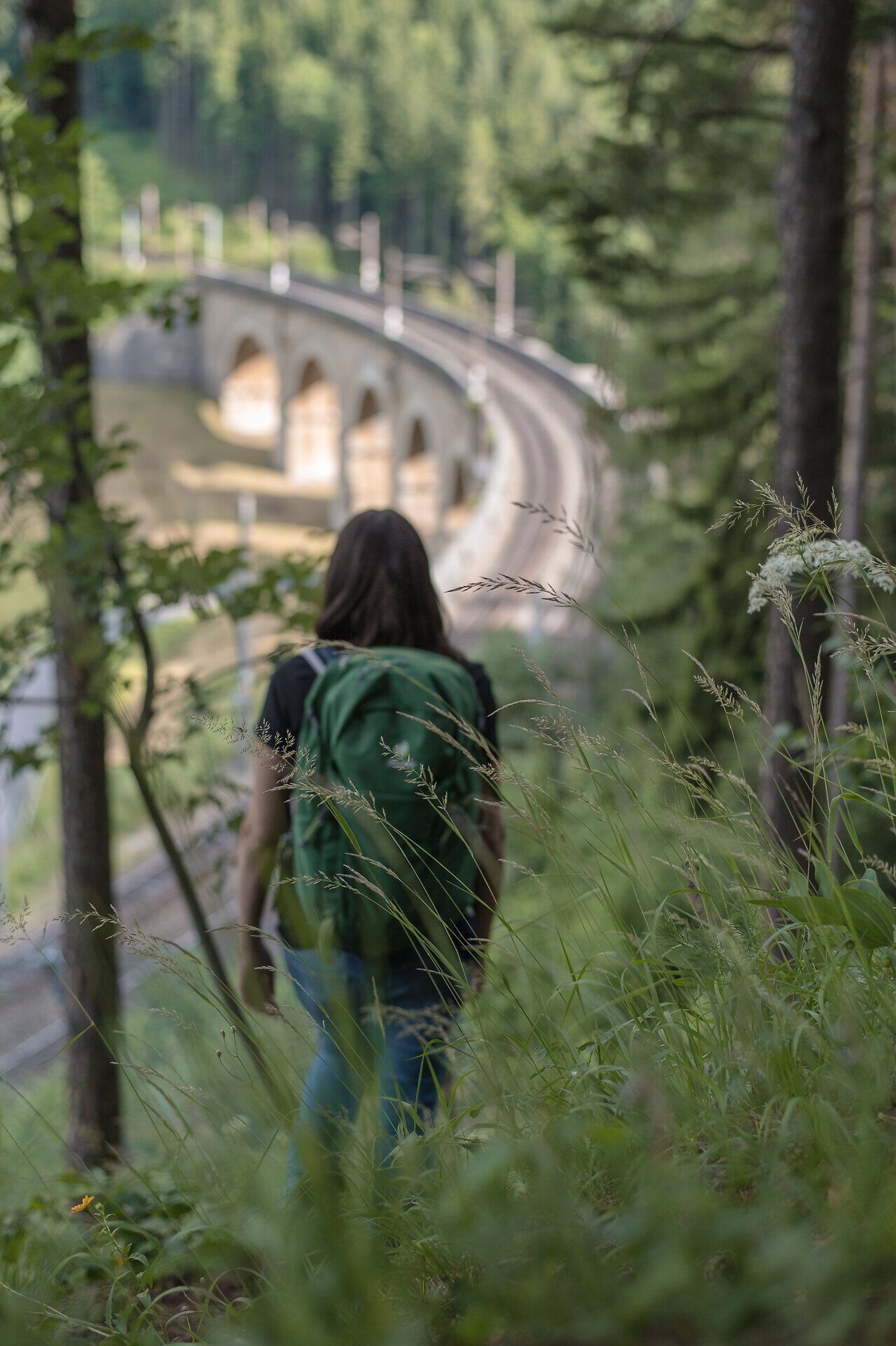 A hiker enjoys the fresh mountain air and the breathtaking view of the rolling hills and the curved railroad line that winds elegantly through the landscape. Surrounded by lush greenery and the gentle sound of nature, this place invites you to unwind and experience the beauty of the Vienna Alps in Lower Austria.