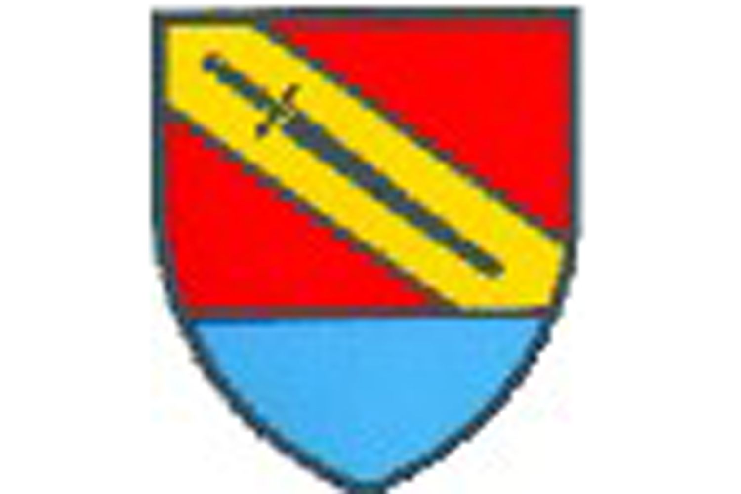 A coat of arms with a red and blue background, a yellow diagonal bar and a black sword.