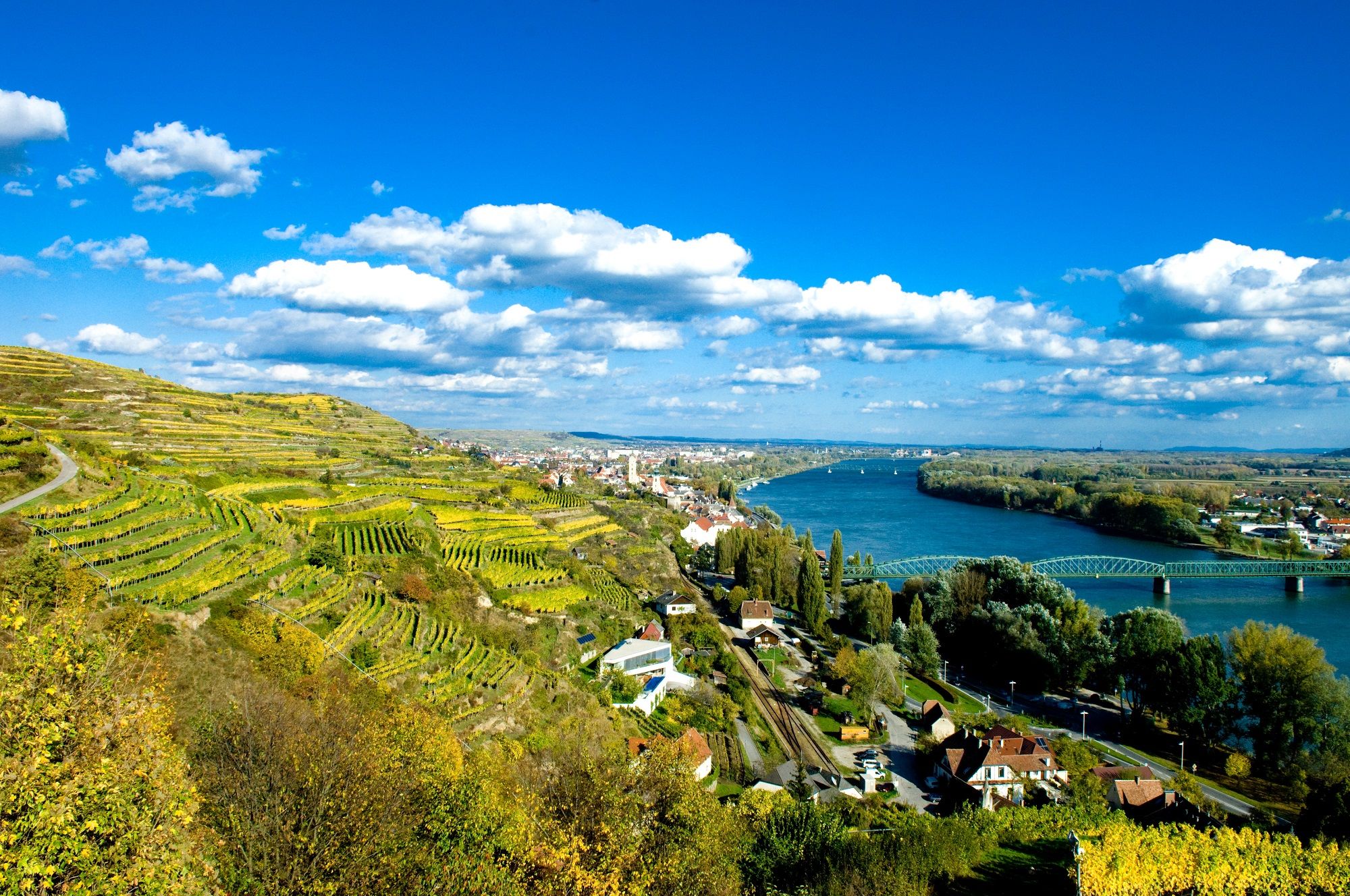 Landscape with vineyards, river and bridge in Krems, Austria.