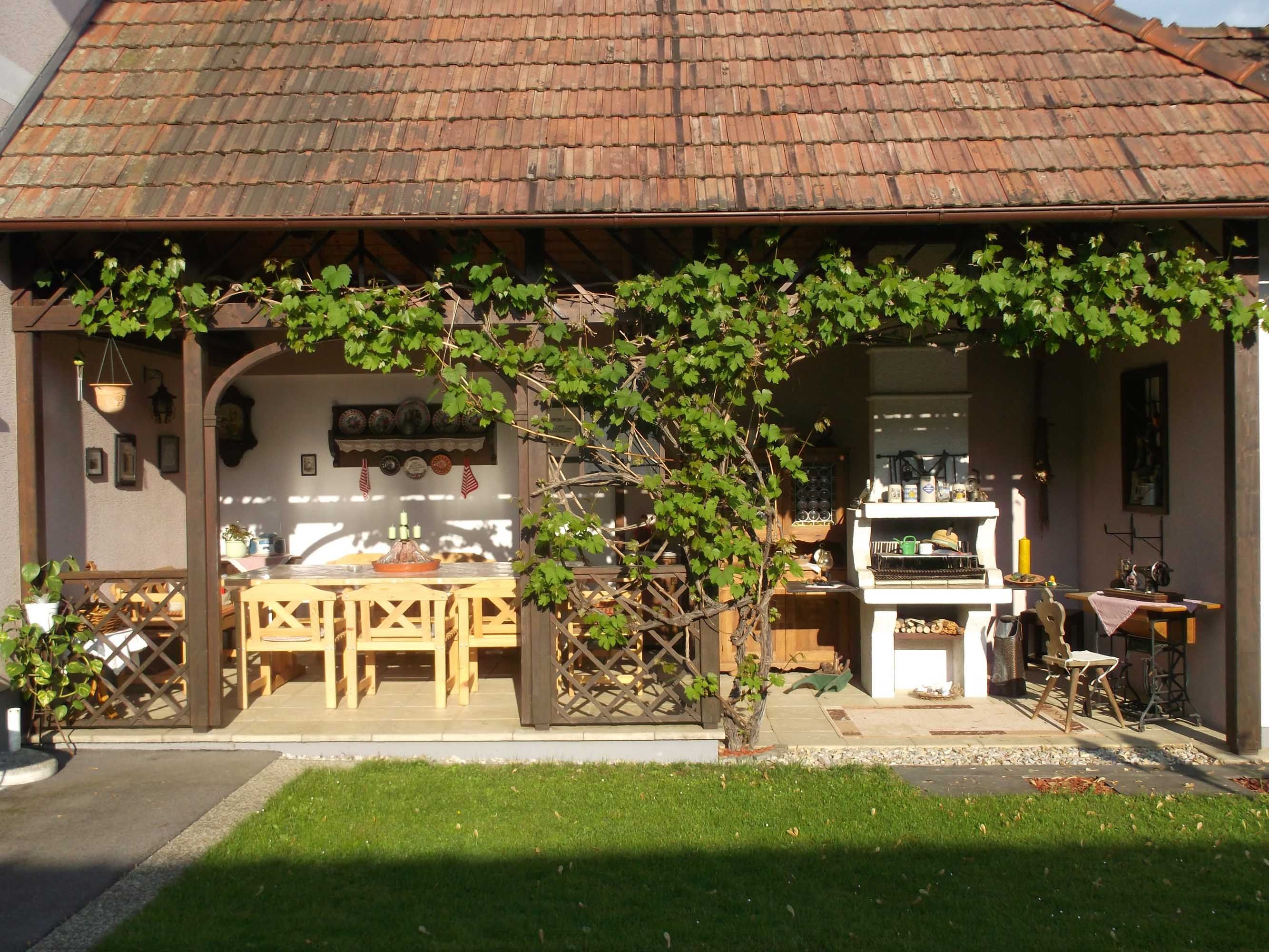 Covered terrace with a grapevine, chairs, table and barbecue.