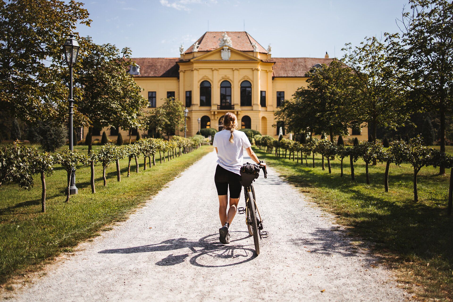 Ein sonniger Tag lädt zu einer entspannenden Radtour ein, während die majestätische Kulisse des Schlosses Eckartsau im Hintergrund erstrahlt. Die sanften Hügel und die üppigen Weinreben entlang des Weges schaffen eine malerische Atmosphäre, die zum Verweilen einlädt.
