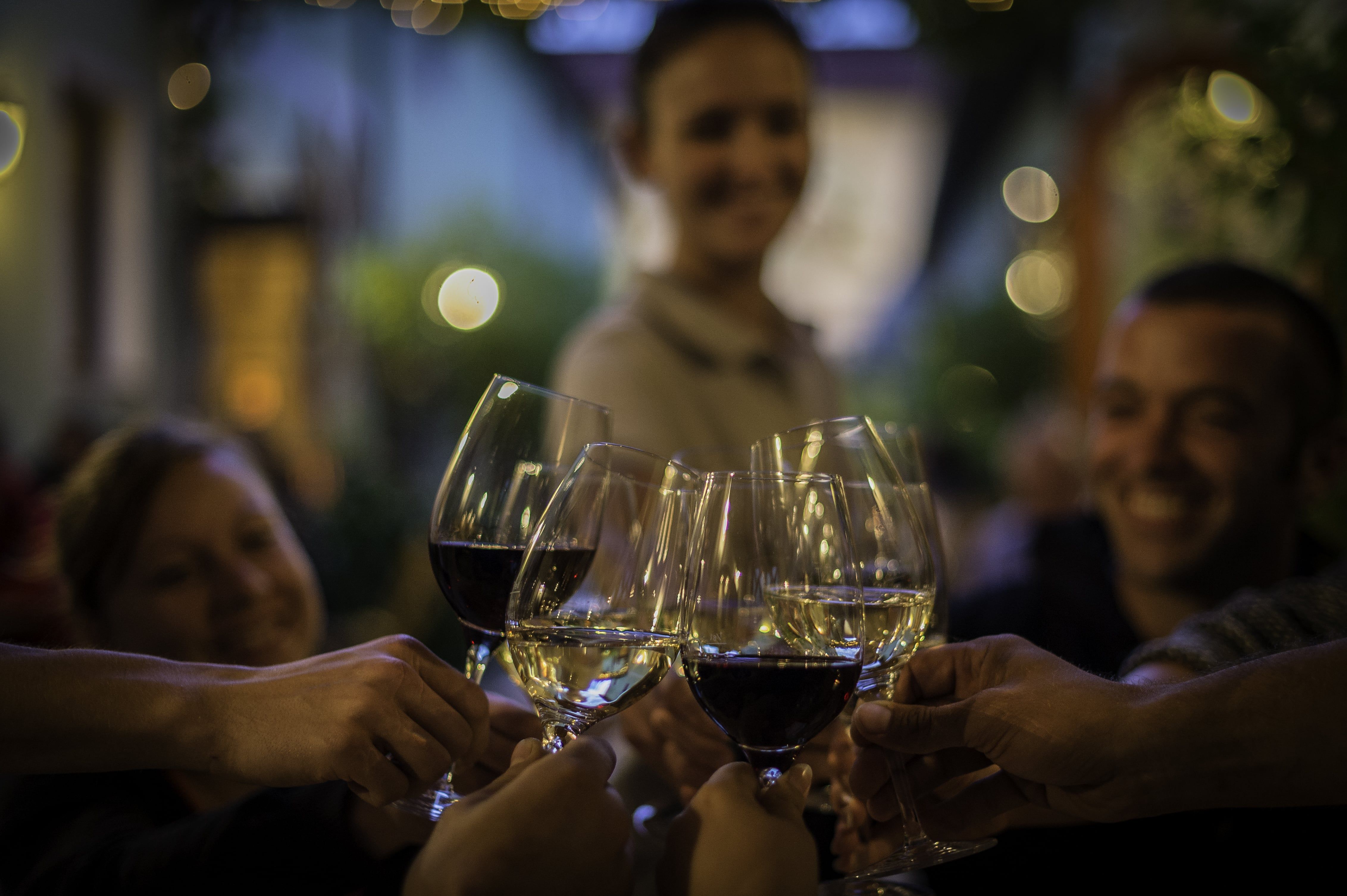 People clink glasses of wine, blurred background with lights.