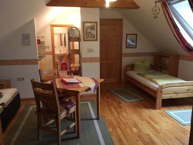 Cozy vacation apartment with wooden furniture, two beds, dining table and skylight.