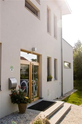 Entrance of a modern building with glass and wooden door, flowers in a pot and steps.