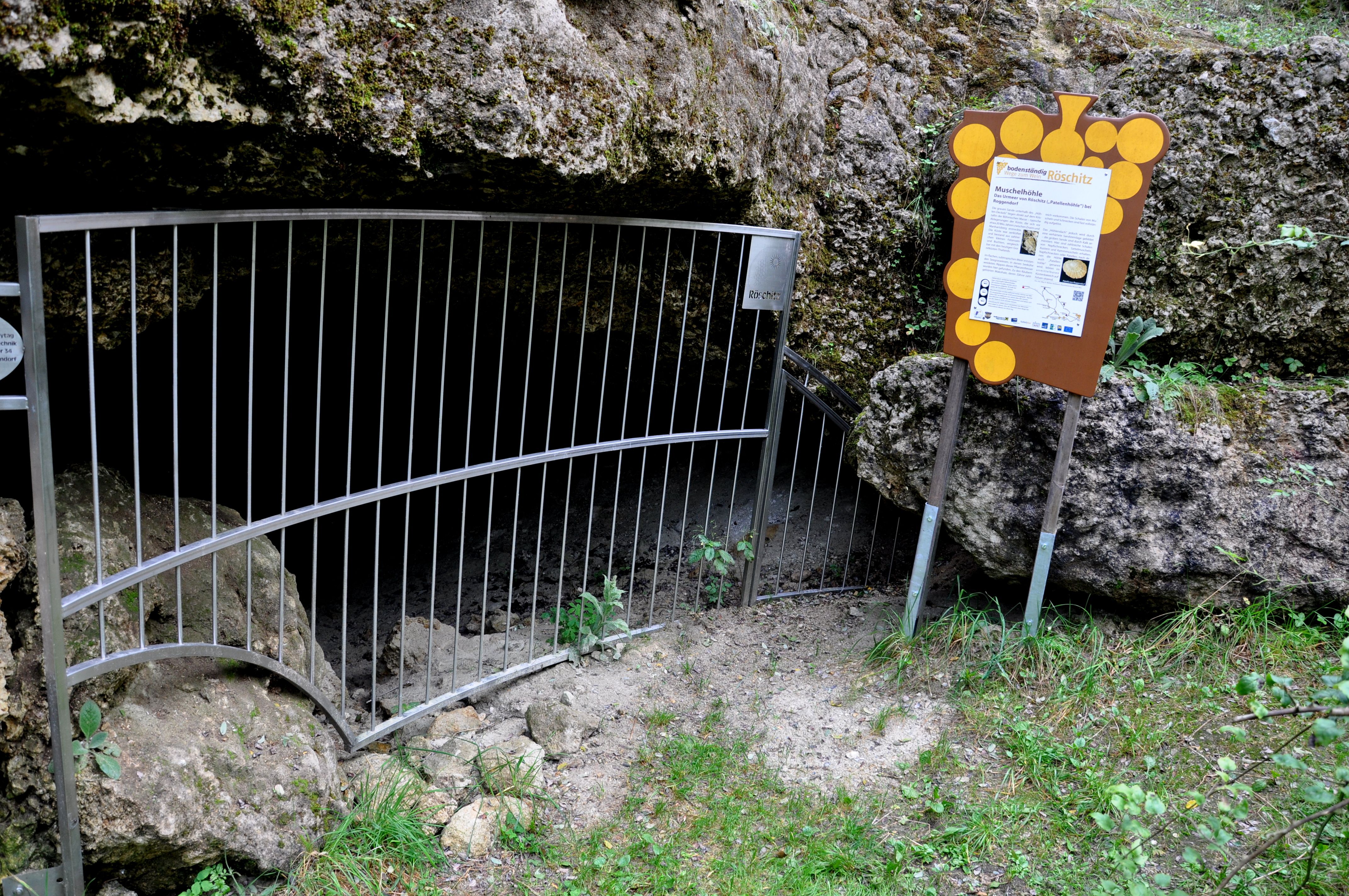 Entrance to the Röschitz mussel cave with grating and information board.