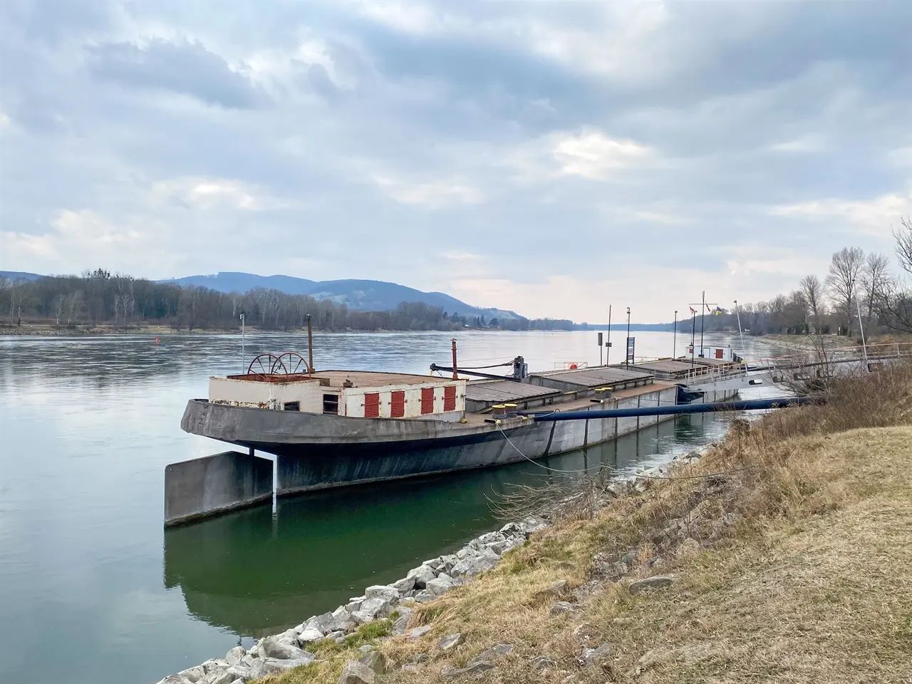 An old ship is anchored on the Danube near Korneuburg.