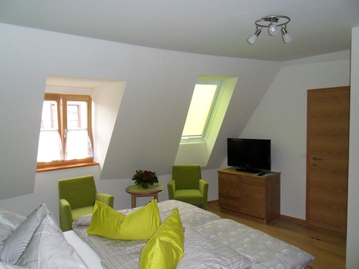 Bright room with skylights, bed, green armchairs and TV.
