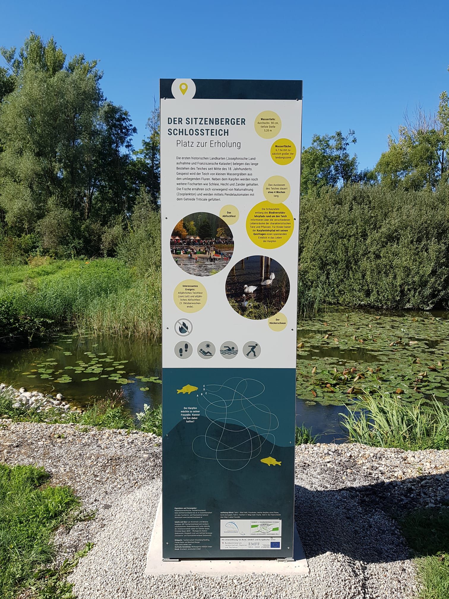 Information sign at the Sitzenberg castle pond with text and pictures, surrounded by nature and the pond.