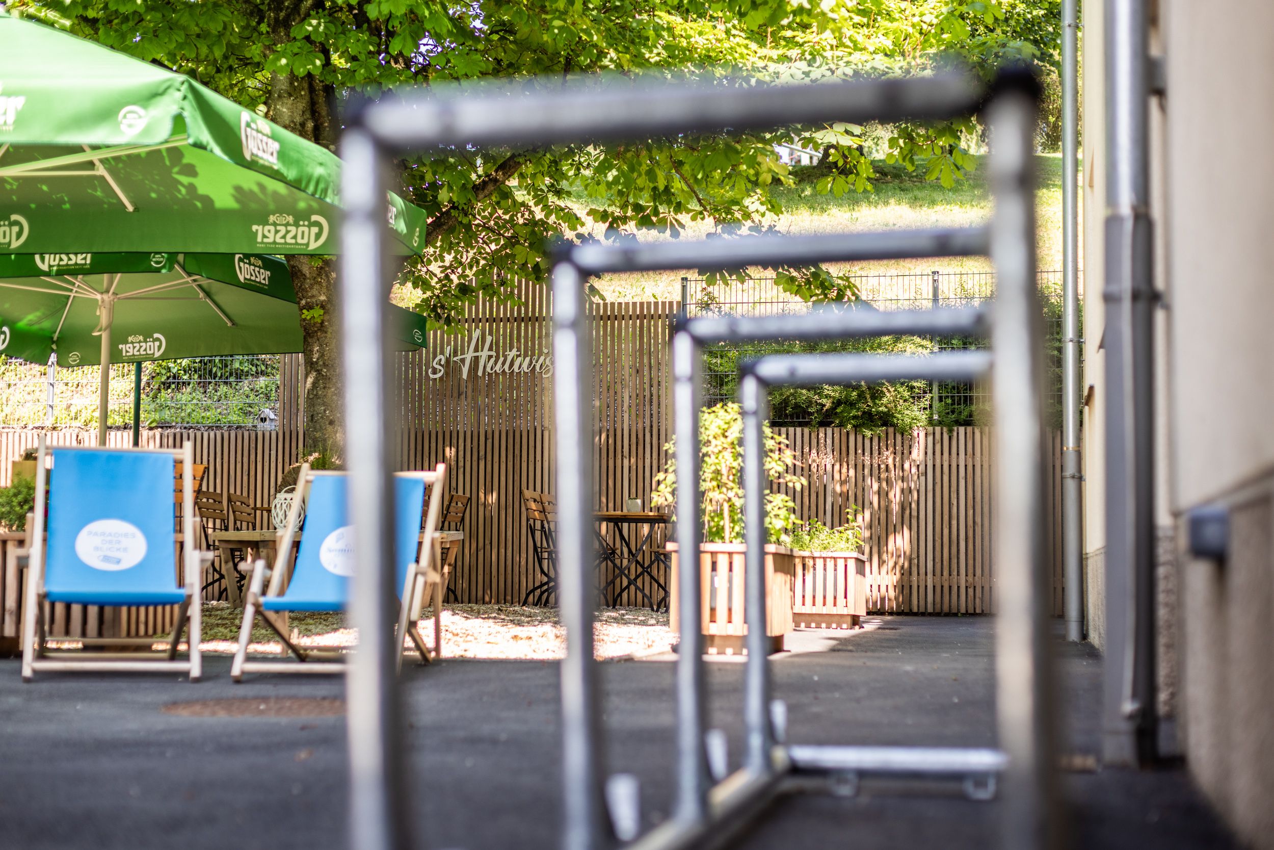 View of a guest garden with green parasols and blue sun loungers, surrounded by trees and a wooden fence, bike racks in the foreground.