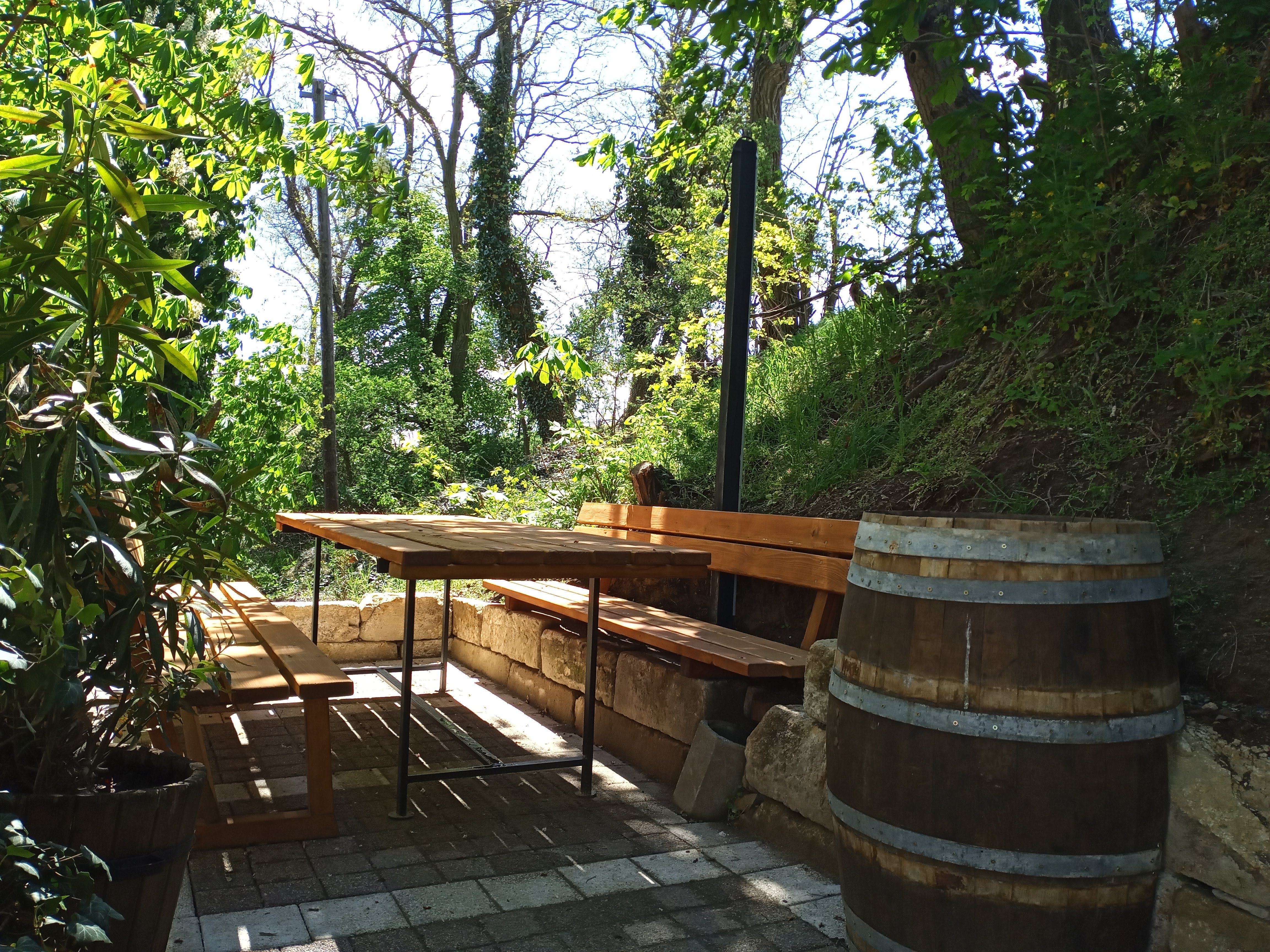 A shaded outdoor seating area with wooden benches and a table, surrounded by trees and plants.