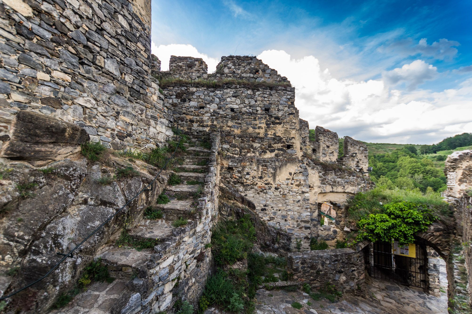 Ruins of the Senftenberg castle ruins with stone steps and overgrown surroundings.