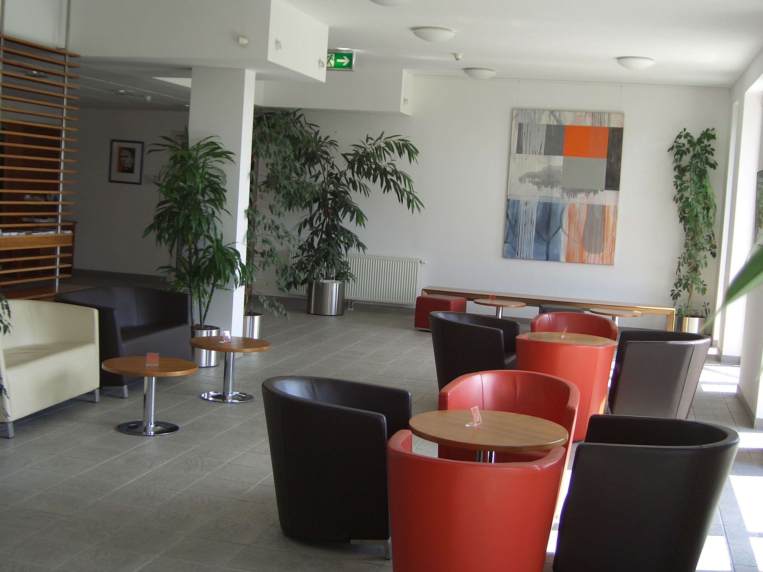 Modern lounge with colorful armchairs and plants.