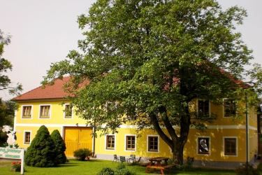 Yellow building with red roof and large tree in the foreground.