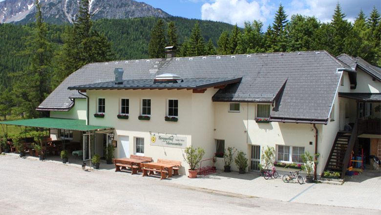 Mamauwiese mountain inn in front of wooded mountains.