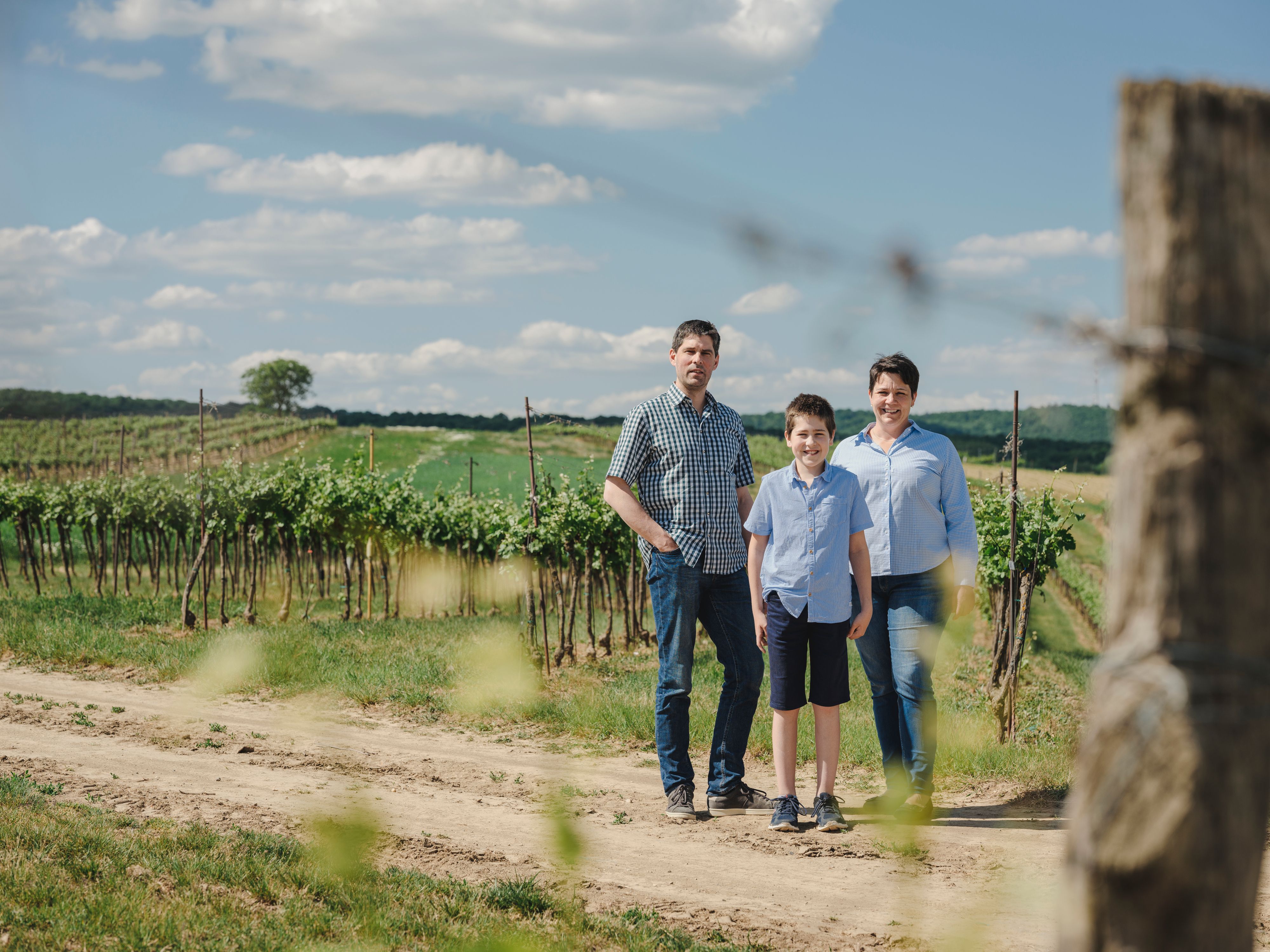 A family stands in a vineyard under a blue sky.