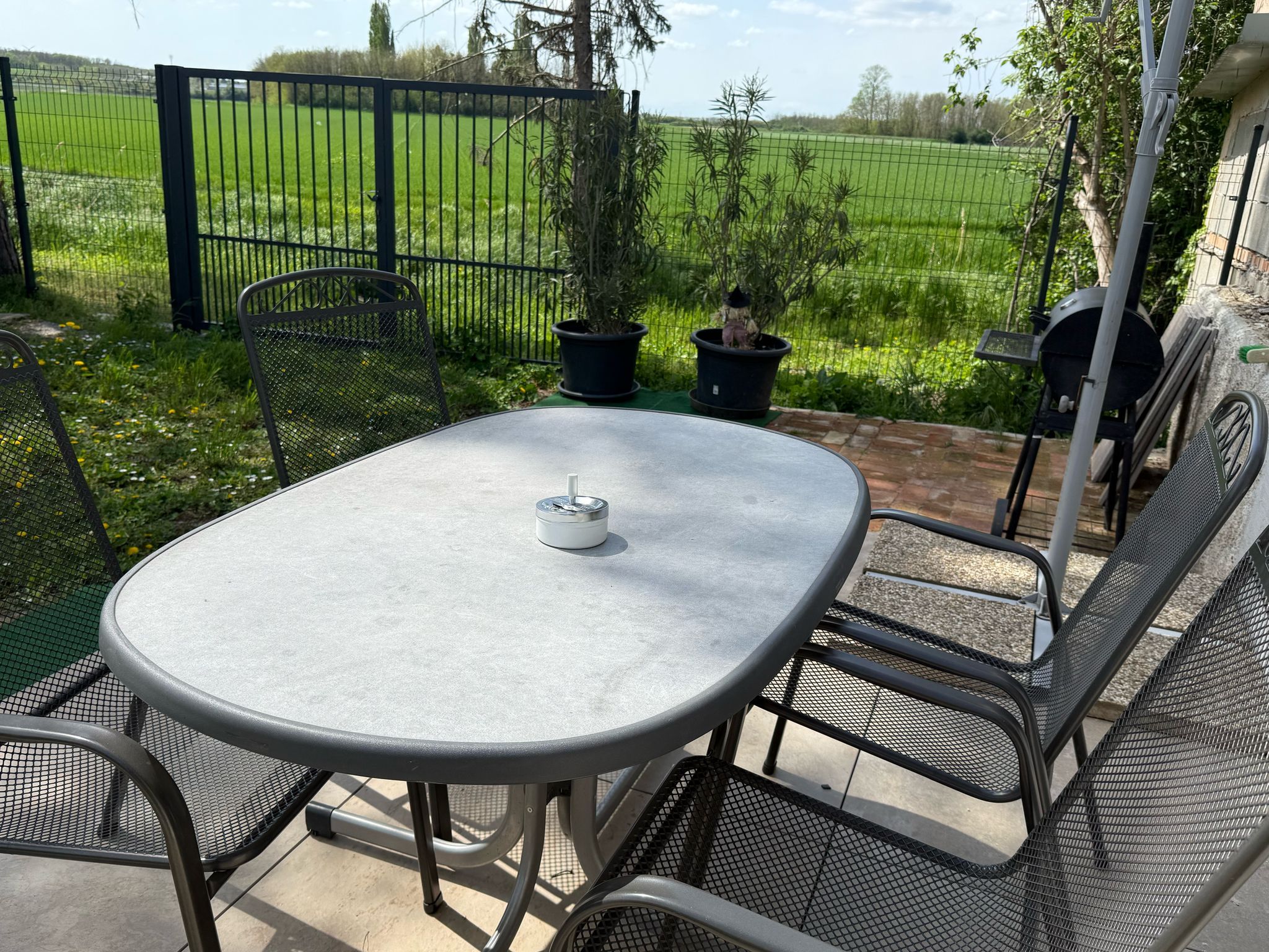 Garden table with chairs on a terrace, surrounded by green lawn and a fence.