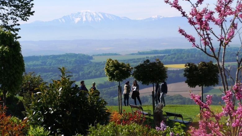 Monastery garden with a view of the Ötscher and blossoming trees.