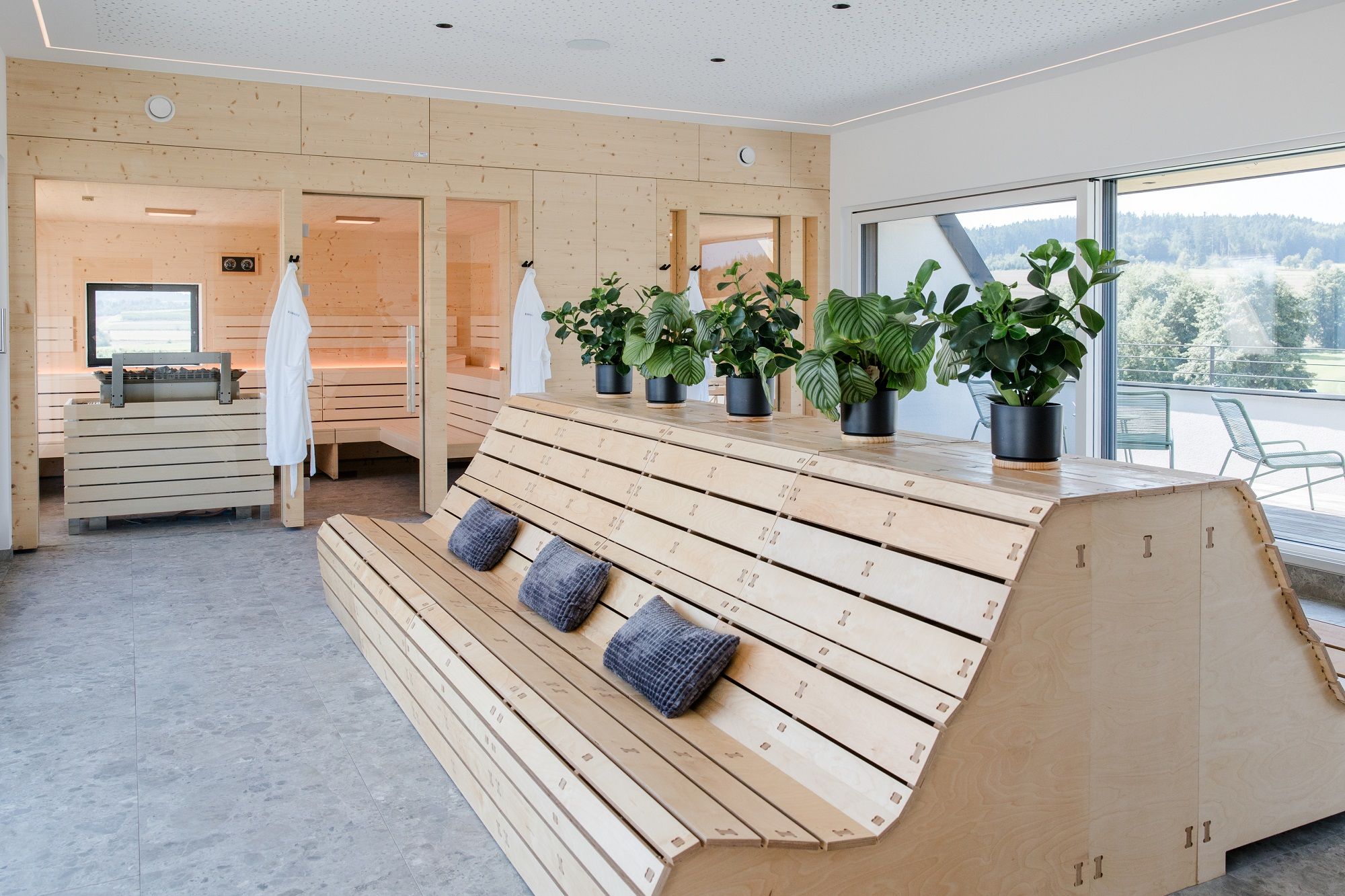 Interior view of a modern spa with wooden furniture and plants.