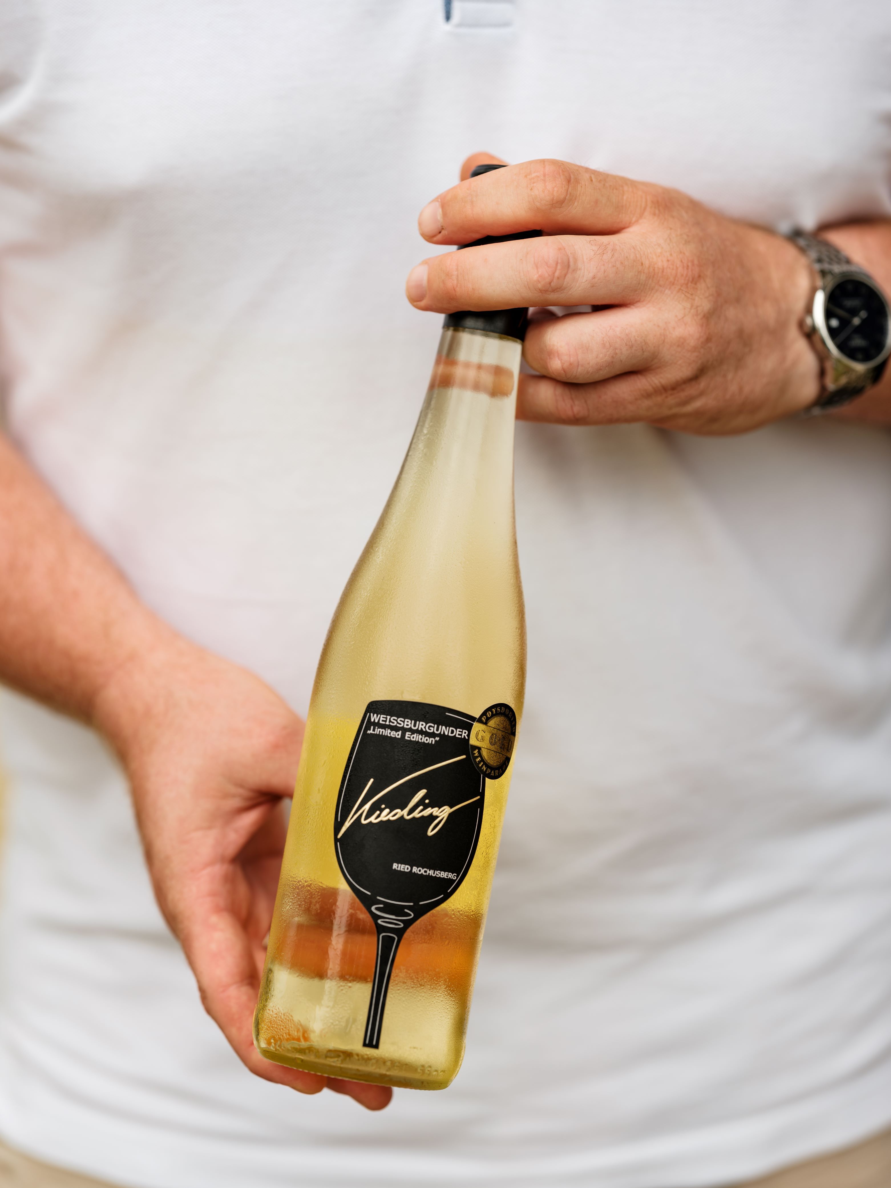 Person holding a bottle of Pinot Blanc from the Kiesling winery.