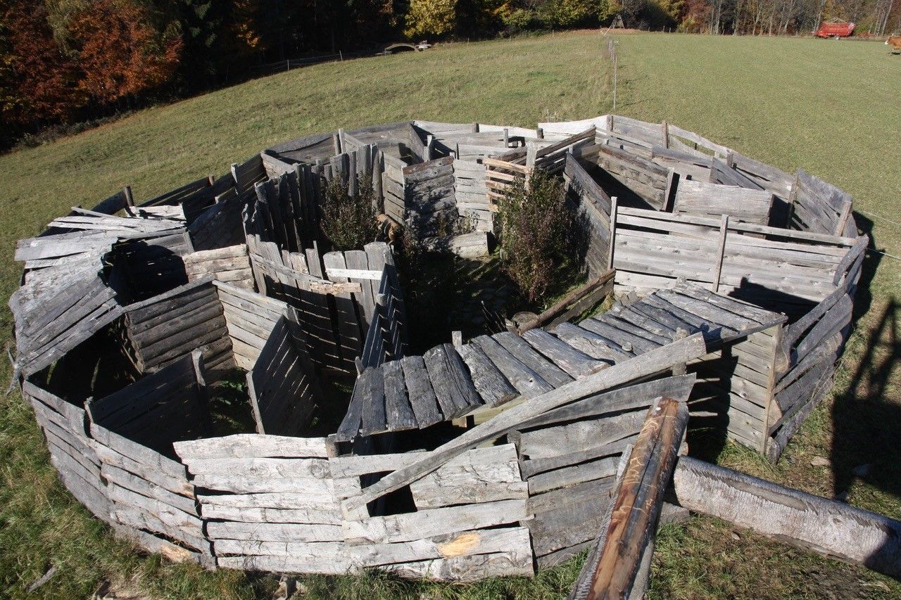 A labyrinth built from wooden planks in a meadow, surrounded by trees in the fall.