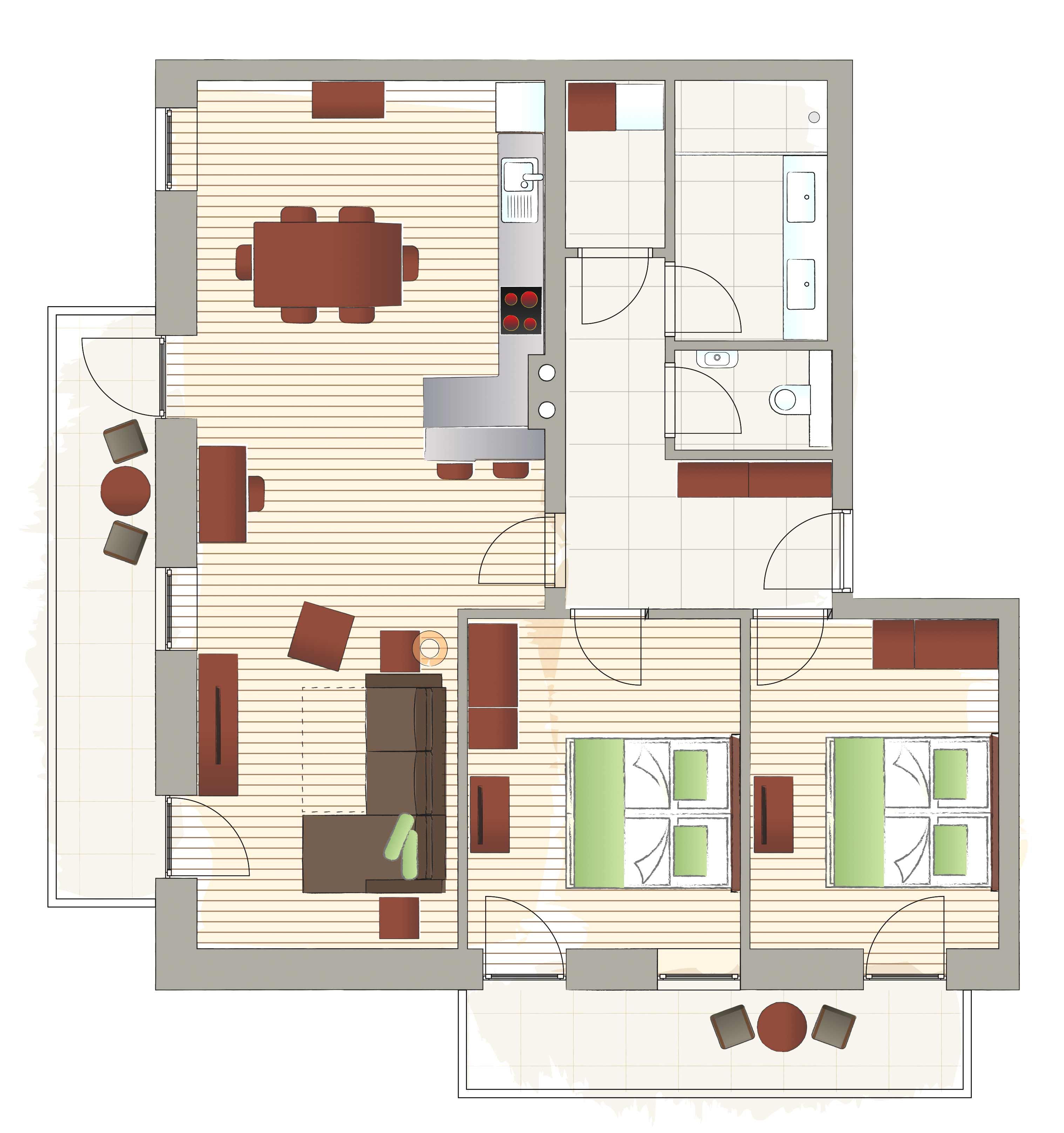 Floor plan of an apartment with two bedrooms, living room, kitchen and bathroom.