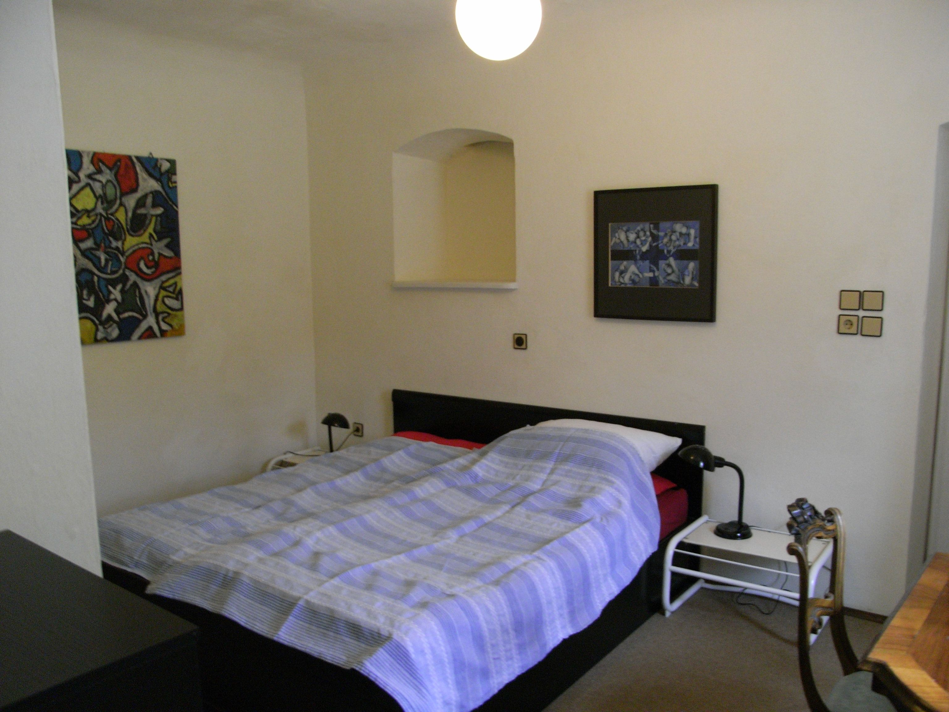 One bedroom with a double bed, two bedside tables and two murals.