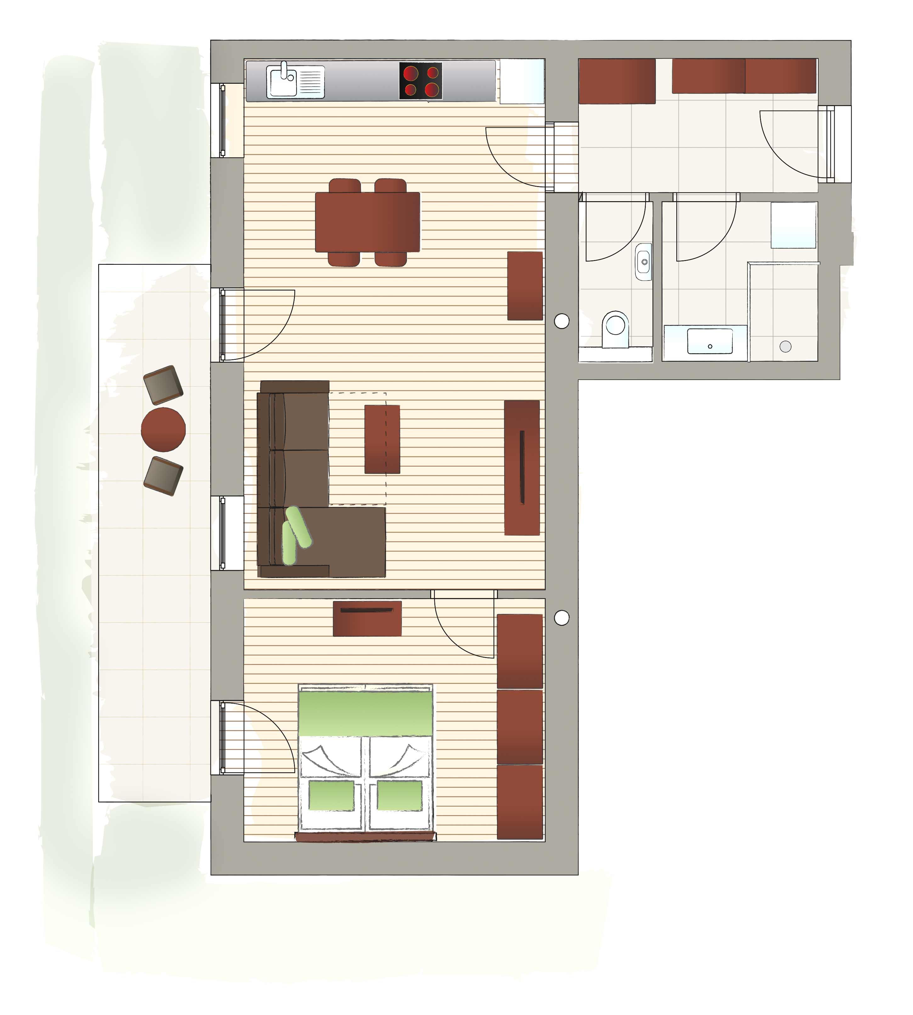 Floor plan of an apartment with living room, kitchen, bedroom, bathroom and balcony.