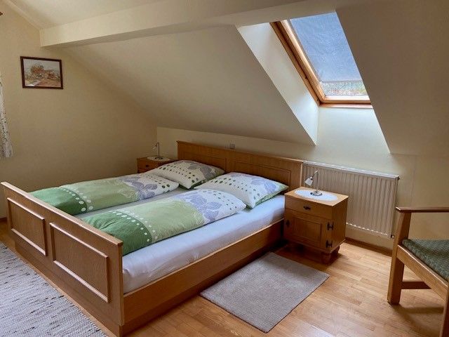Cozy double room with skylight, wooden bed and bedside table.