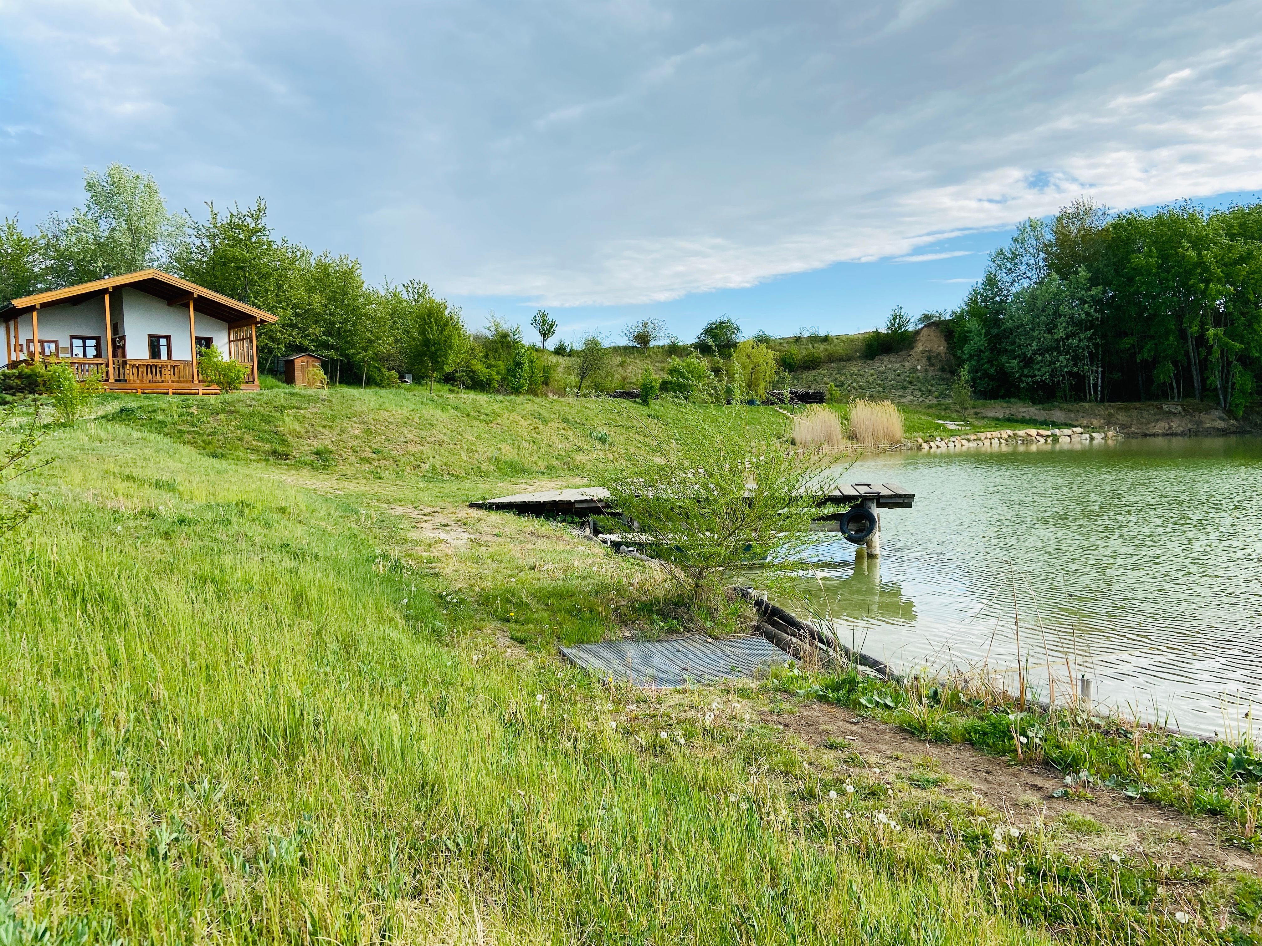 A small house on the banks of a pond with a green meadow and trees in the background.