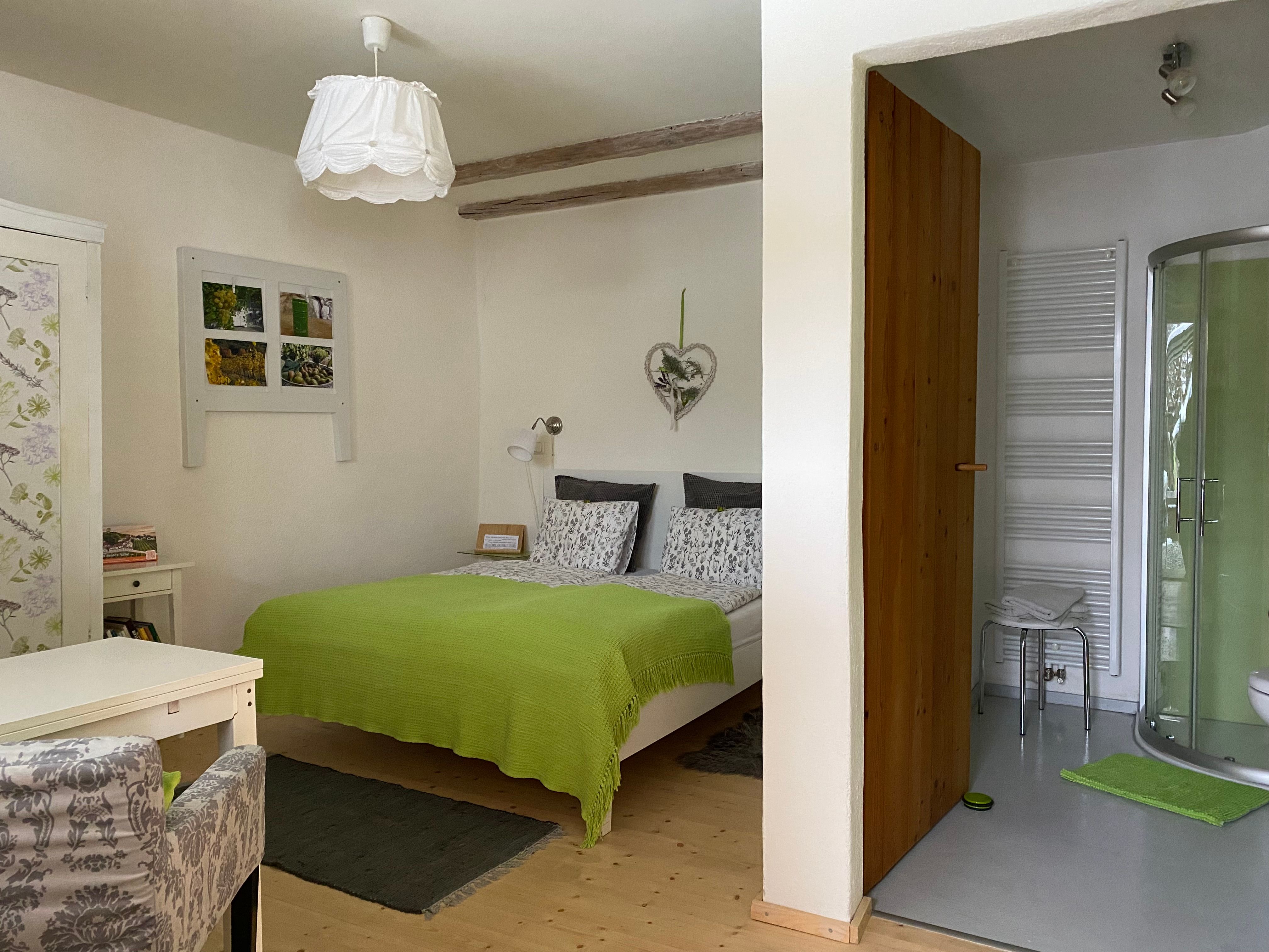 Comfortable double room with green bedspread, small desk and adjoining bathroom with shower.