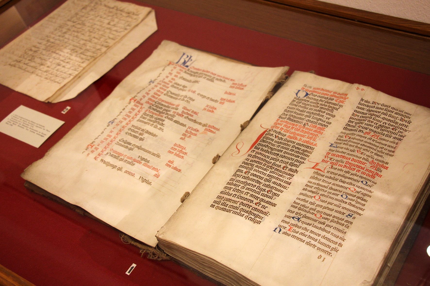 Old manuscripts in a display case in the Stockerau District Museum.