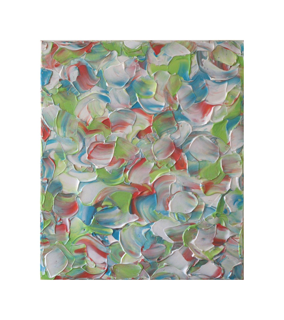 Abstract painting with colorful, curved brushstrokes in red, green, blue and white.