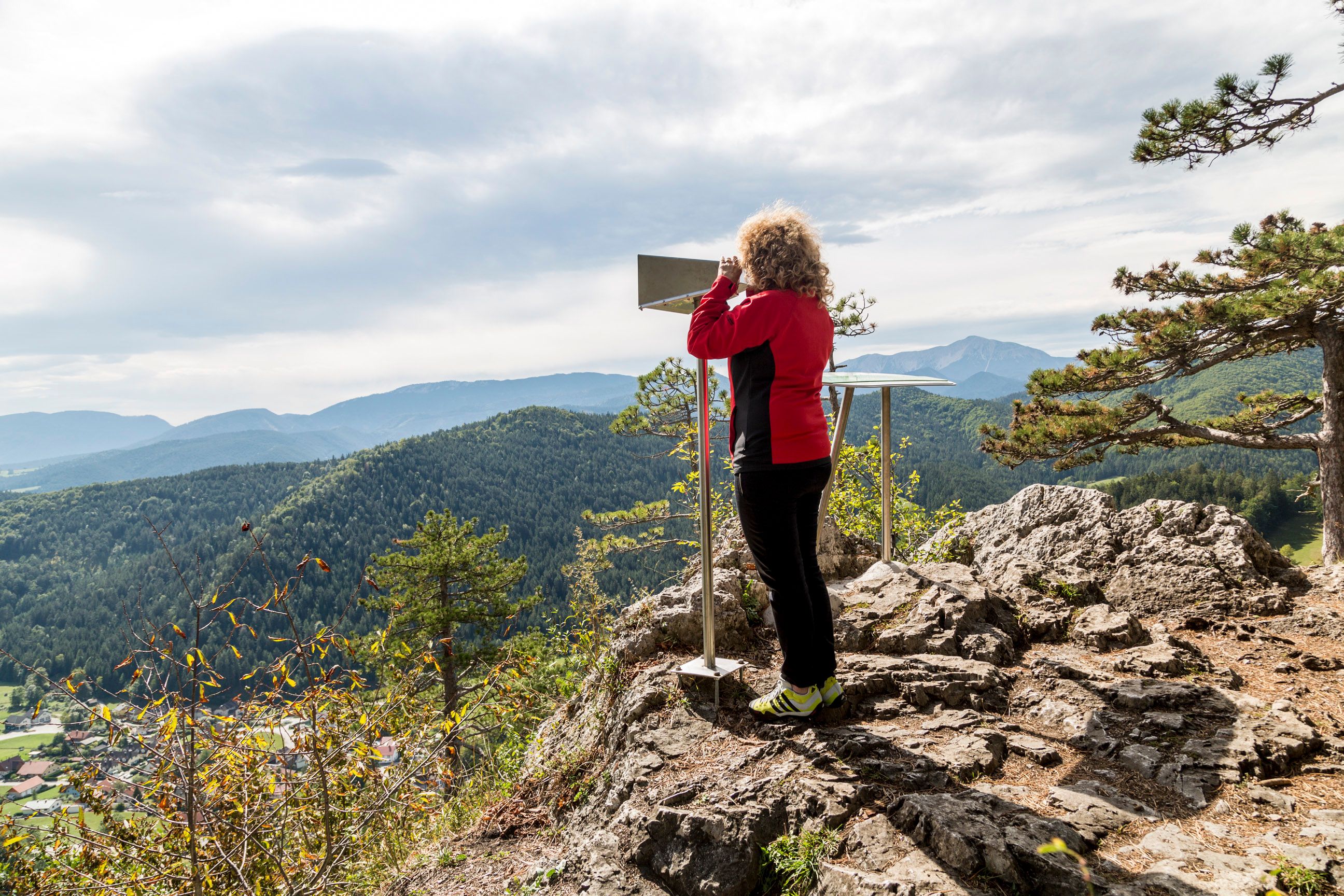 Person on a vantage point with binoculars, surrounded by mountains and forest.