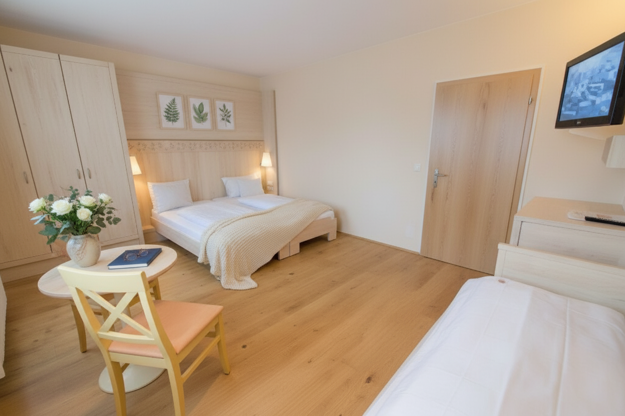 Bright hotel room with two beds, a table and chair and a TV on the wall.