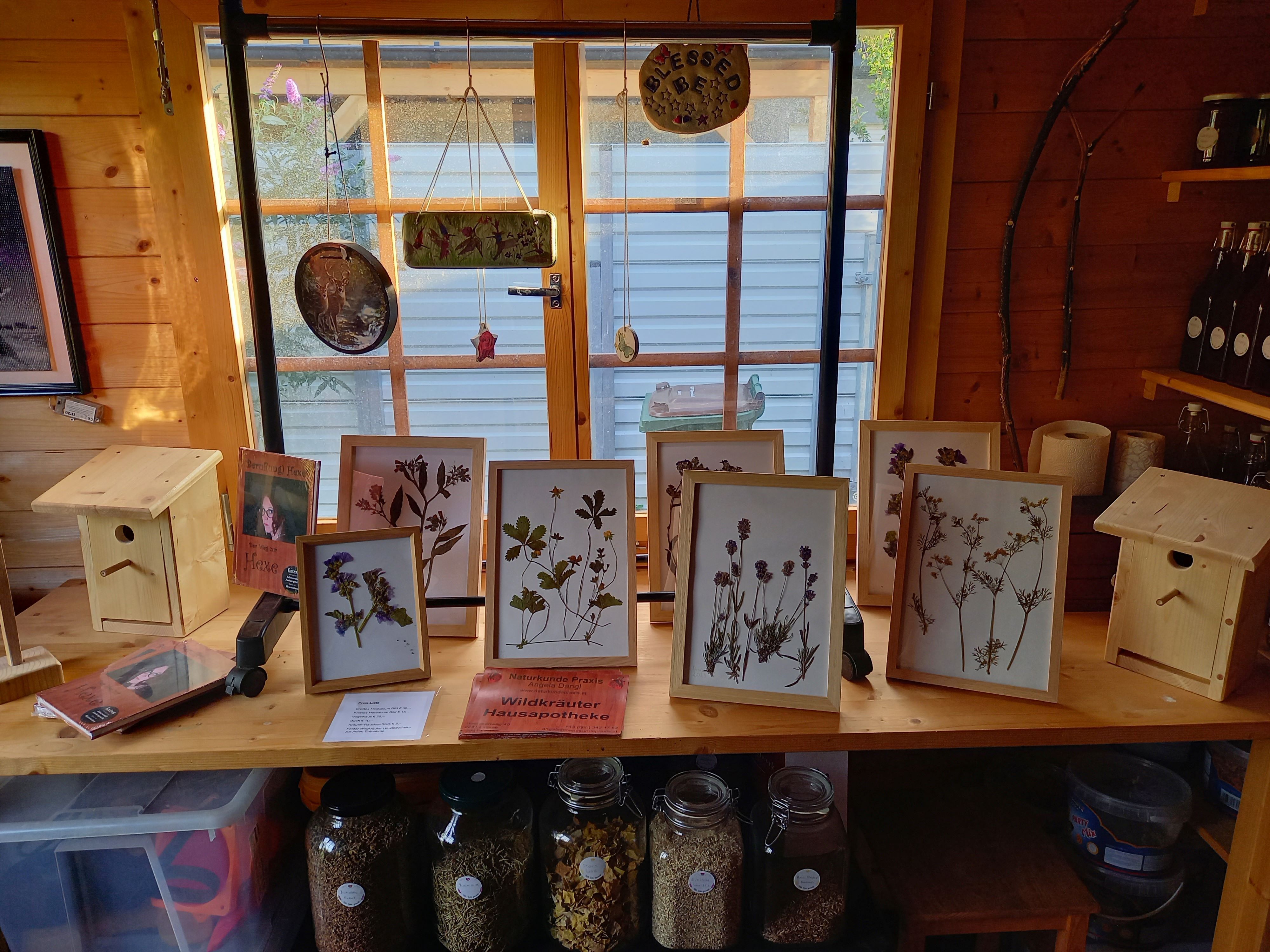 A table in a wooden hut with framed dried plants, birdhouses and jars of herbs.