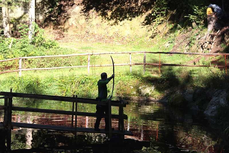 Person with bow on a bridge in the forest.