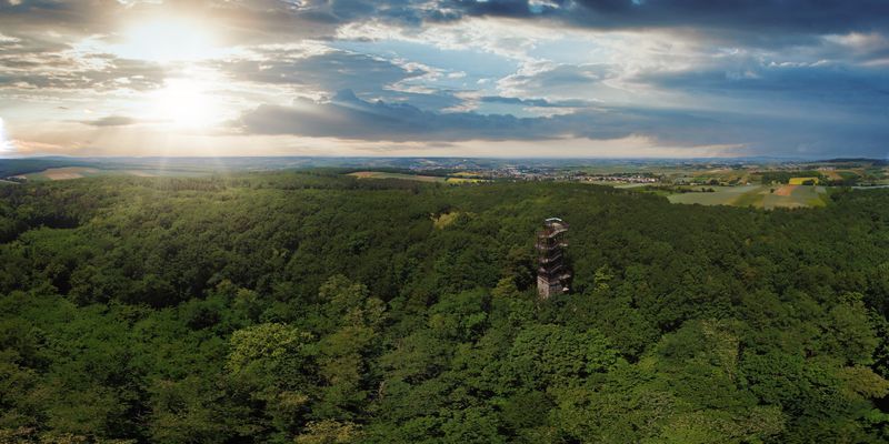 Panoramic view of the Koliskowarte in the middle of a dense forest at sunset.