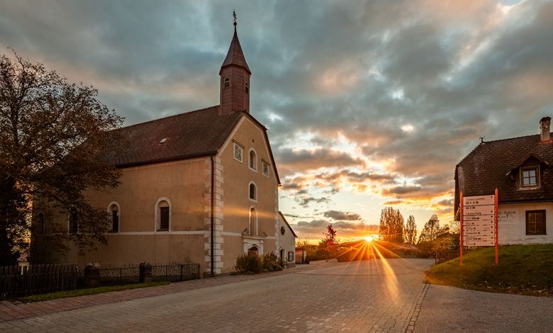 Pilgrimage church of St. Corona am Wechsel at sunset.