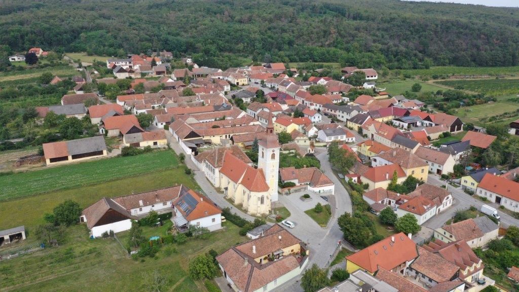 Aerial view of a small village with a central church and red roofs, surrounded by green fields and forests.