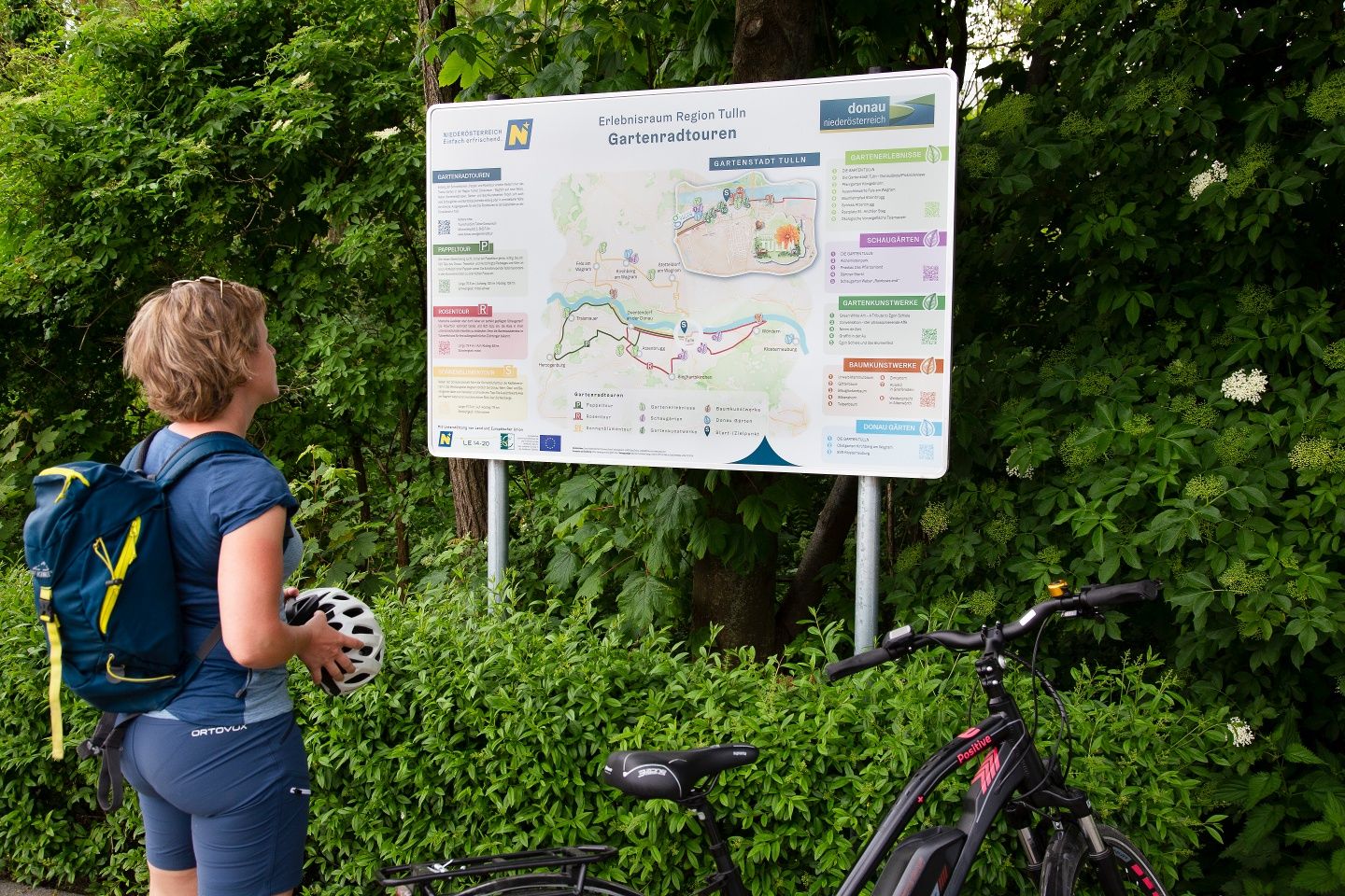 A woman with a bicycle helmet and rucksack looks at an information board on the Donaulände in Tulln, surrounded by green vegetation.