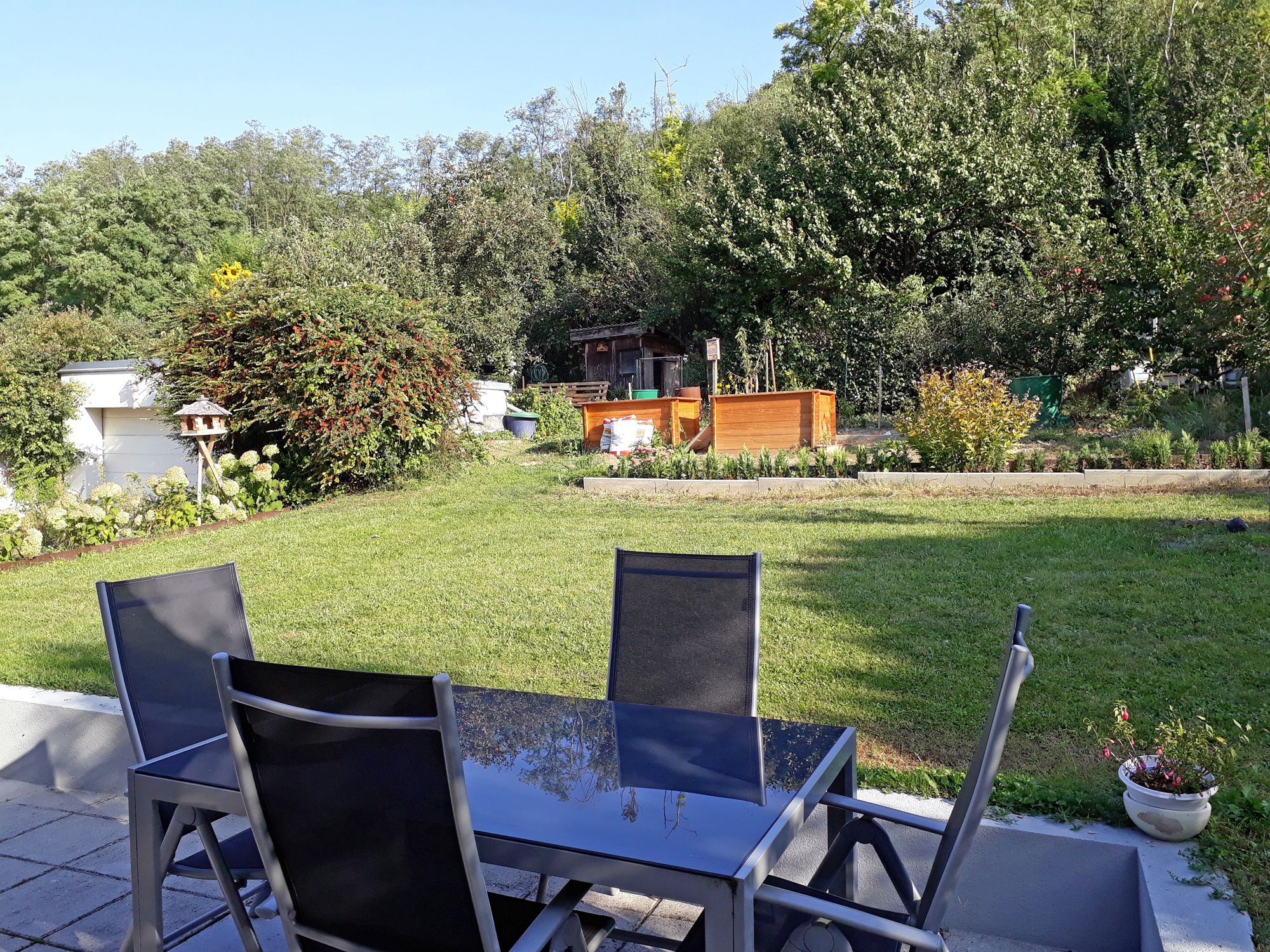 Terrace with table and chairs, overlooking a garden with lawn, trees and raised beds.