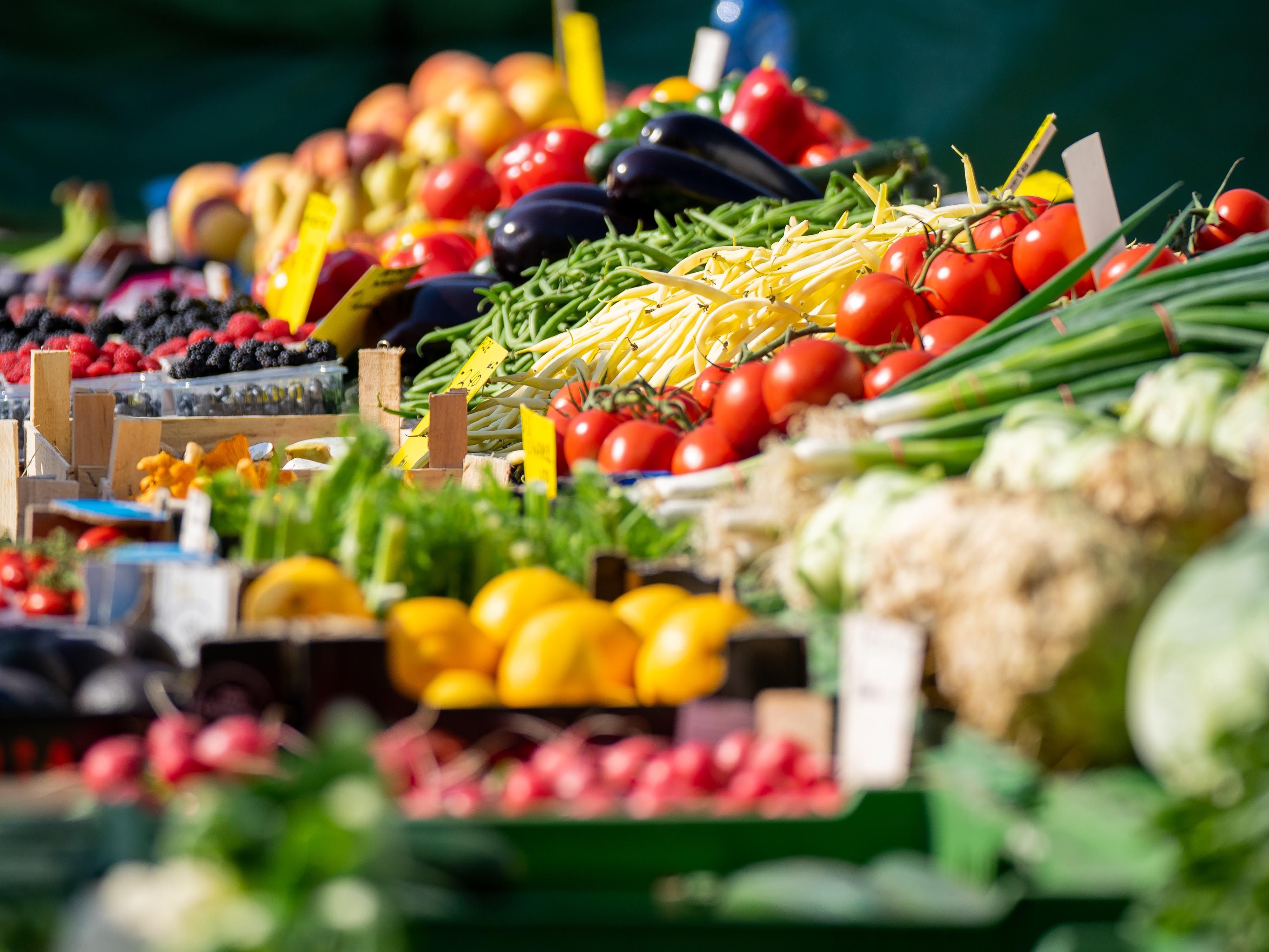 Fresh fruit and vegetables on a market stall.